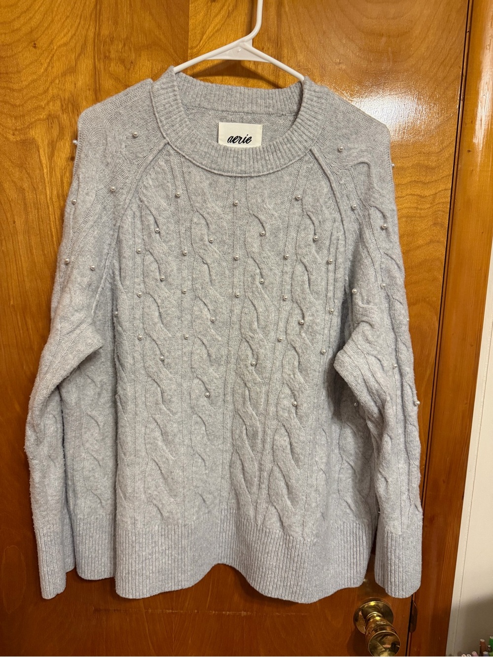 aerie Light Gray Cable Knit Crewneck Sweater with Pearl Accents